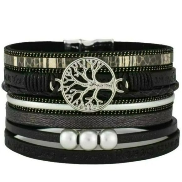 Multy Layers Leather Bangle Magnetic Bracelet for‎ Men and Women 7.5in - Black - Picture 2 of 9